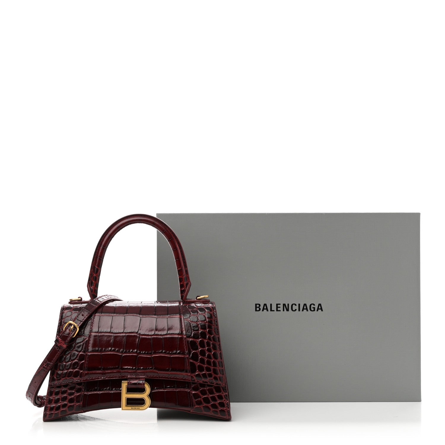 Balenciaga Shiny Calfskin Crocodile Embossed Small Hourglass Top Handle Bag Dark Red 11 of 11