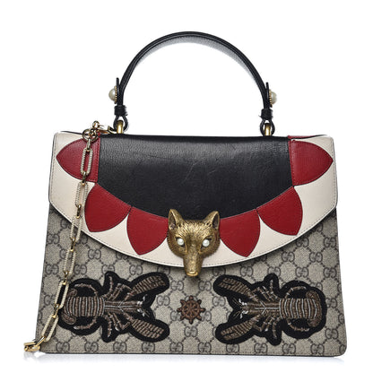 Gucci GG Supreme Monogram Goatskin Pearl Embroidered Medium Fox Broche Top Handle Bag Beige Ebony Black Hibiscus Red Mystic White 1 of 15