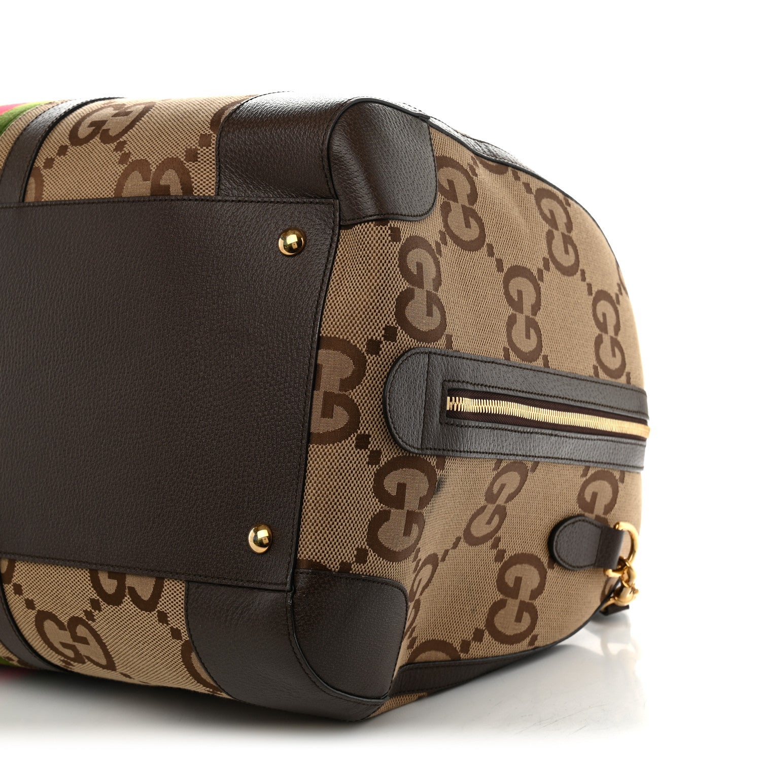 Gucci Monogram Jumbo GG Textured Dollar Calfskin Web Maxi Duffle Bag Camel Ebony 9 of 10