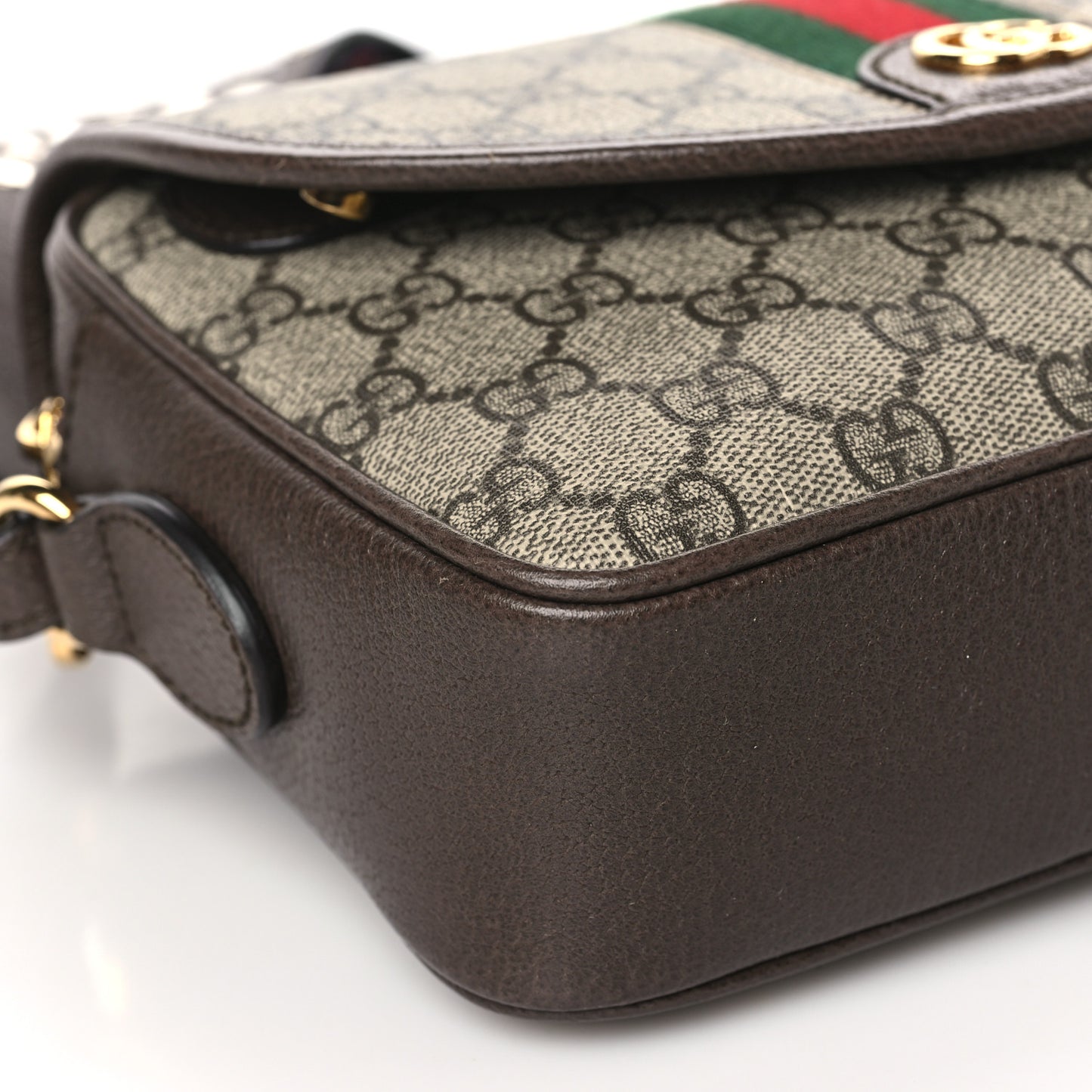 GG Supreme Monogram Textured Dollar Calfskin Web Studded Mini Ophidia Flap Shoulder Bag Beige Ebony New Acero