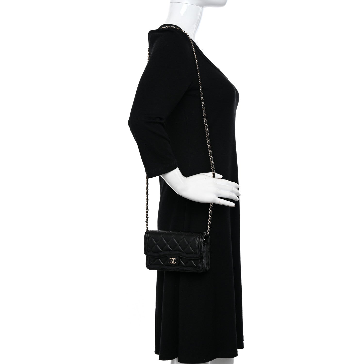 Chanel Lambskin Patent Calfskin Quilted Flap Phone Holder With Chain Black 2 of 12