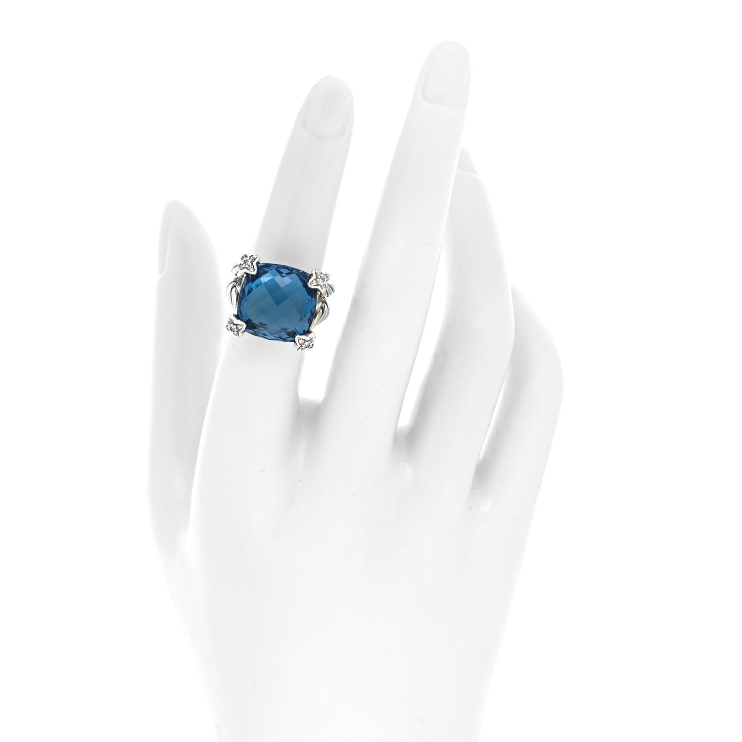 David Yurman Sterling Silver Diamond Hampton Blue Topaz 15mm Cushion On Point Ring 52 6 2 of 4