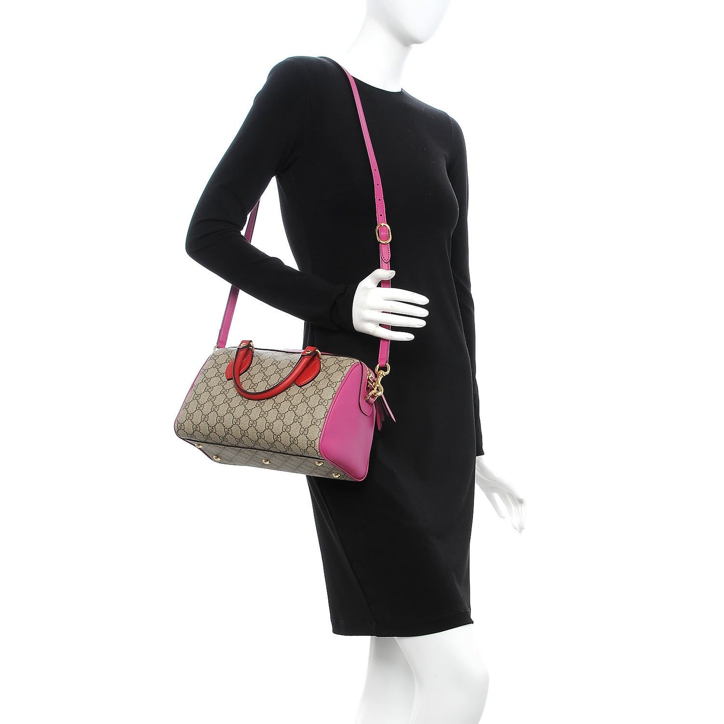 GG Supreme Monogram Moon Calfskin Small Boston Beige Ebony Hibiscus Red New Rosette