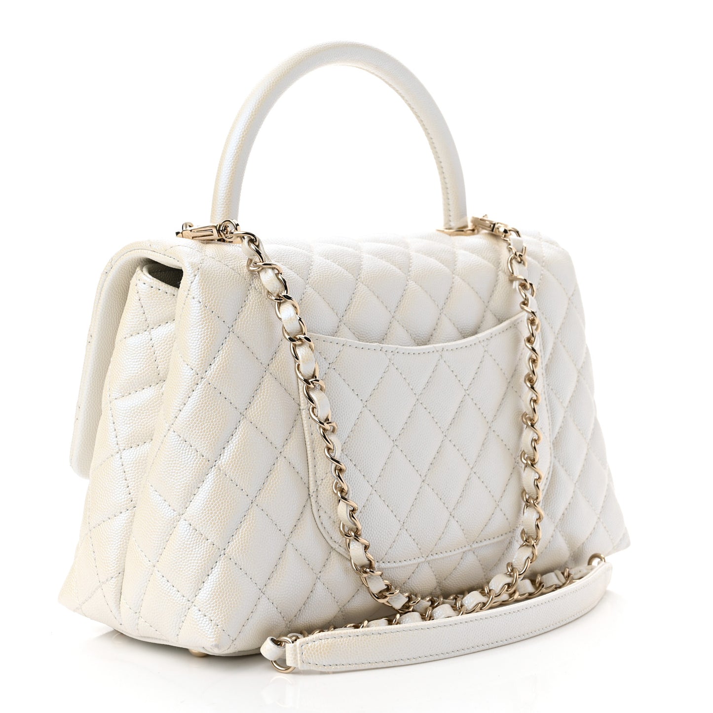 Iridescent Caviar Quilted Small Coco Handle Flap White