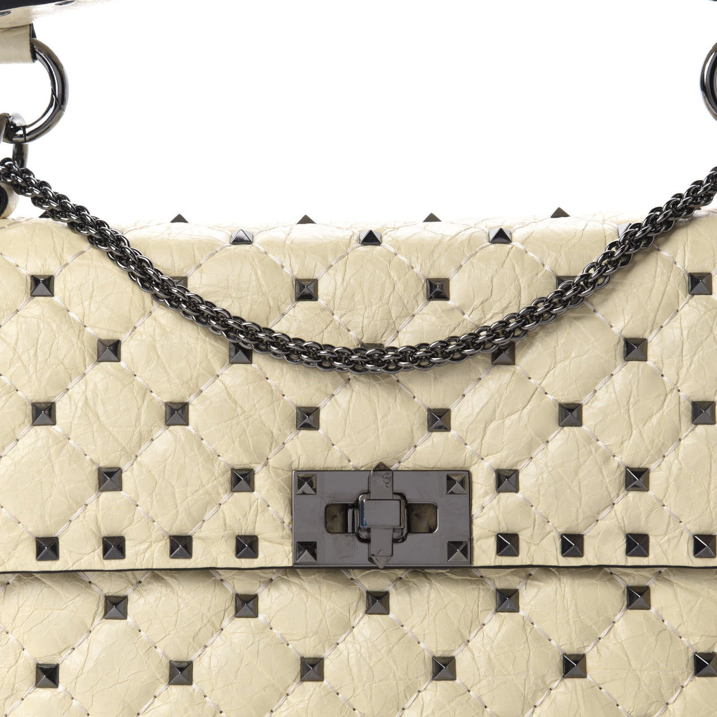 Craquele Nappa Medium Rockstud Spike Shoulder Bag Light Ivory
