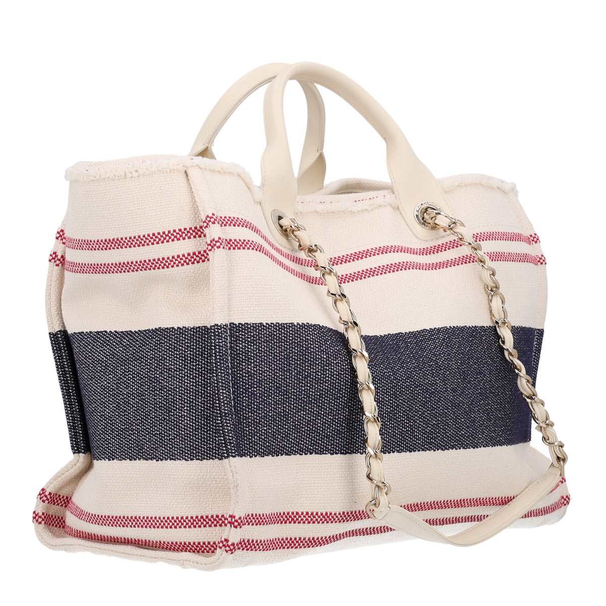 Chanel Striped Canvas Medium Deauville Tote Ecru Red Blue 3 of 10