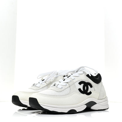 Chanel Mesh Suede Calfskin Grained Calfskin Womens CC Sneakers 35 White Black 3 of 10