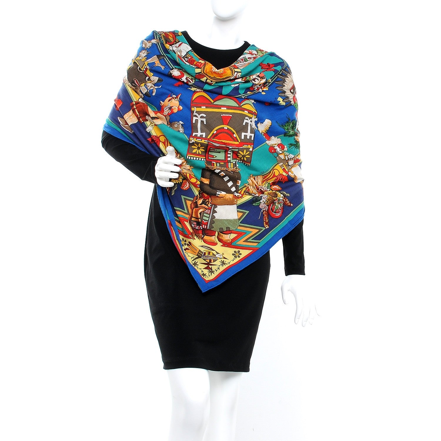 Hermes Cashmere Silk Kachinas Shawl 140 Cobalt Canard Jaune 2 of 4