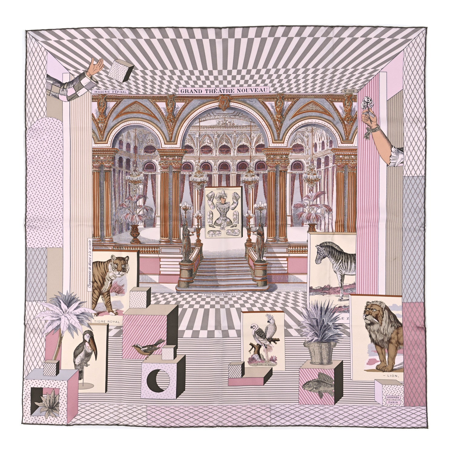 Hermes Silk Grand Theatre Nouveau Scarf 90 Rose Pale Etoupe 1 of 3