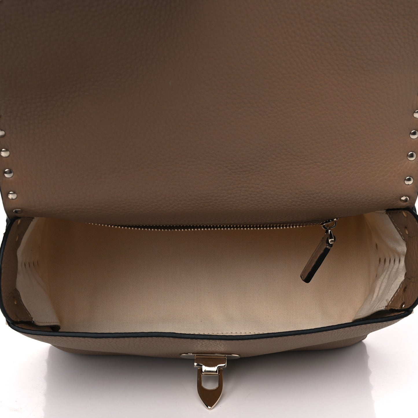 Grained Calfskin Rockstud Single Handle Flap Bag Beige