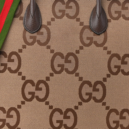 Gucci Monogram Jumbo GG Textured Dollar Calfskin Web Tote Bag Camel Ebony New Acero 7 of 10