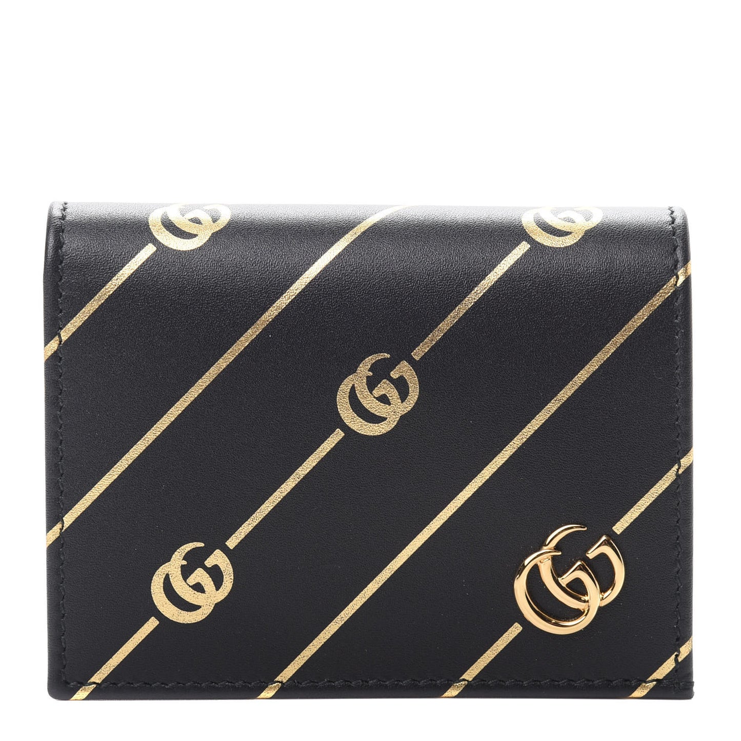 Calfskin Diagonal GG Card Case Black Gold