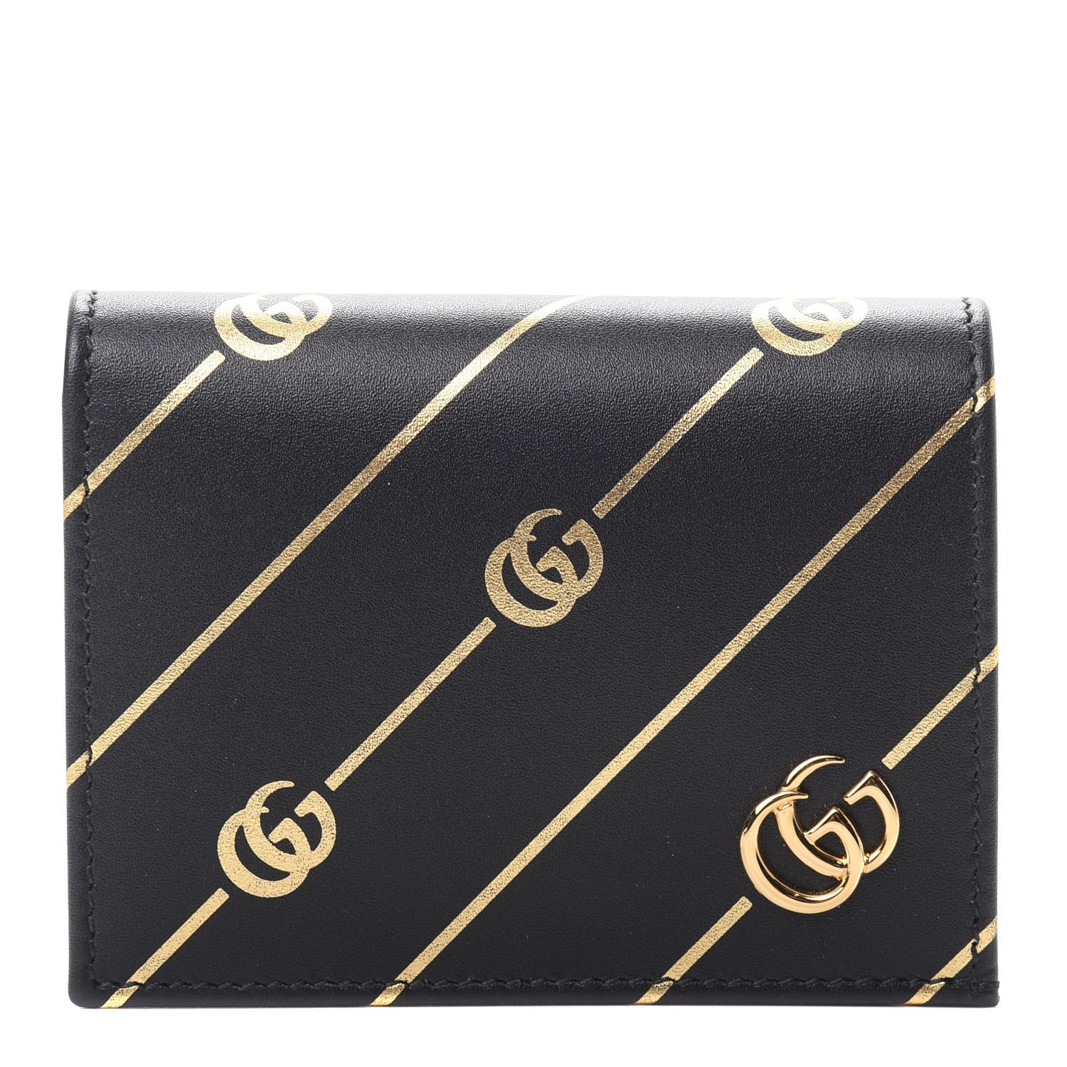 Gucci Calfskin Diagonal GG Card Case Black Gold 1 of 8