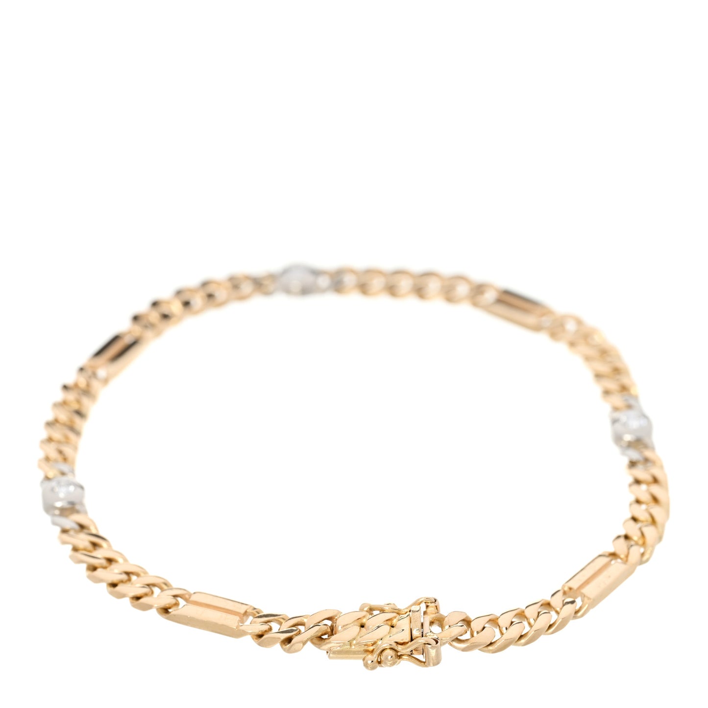18K Yellow White Gold Diamond .25ct Bezel Station Curb Chain Bracelet
