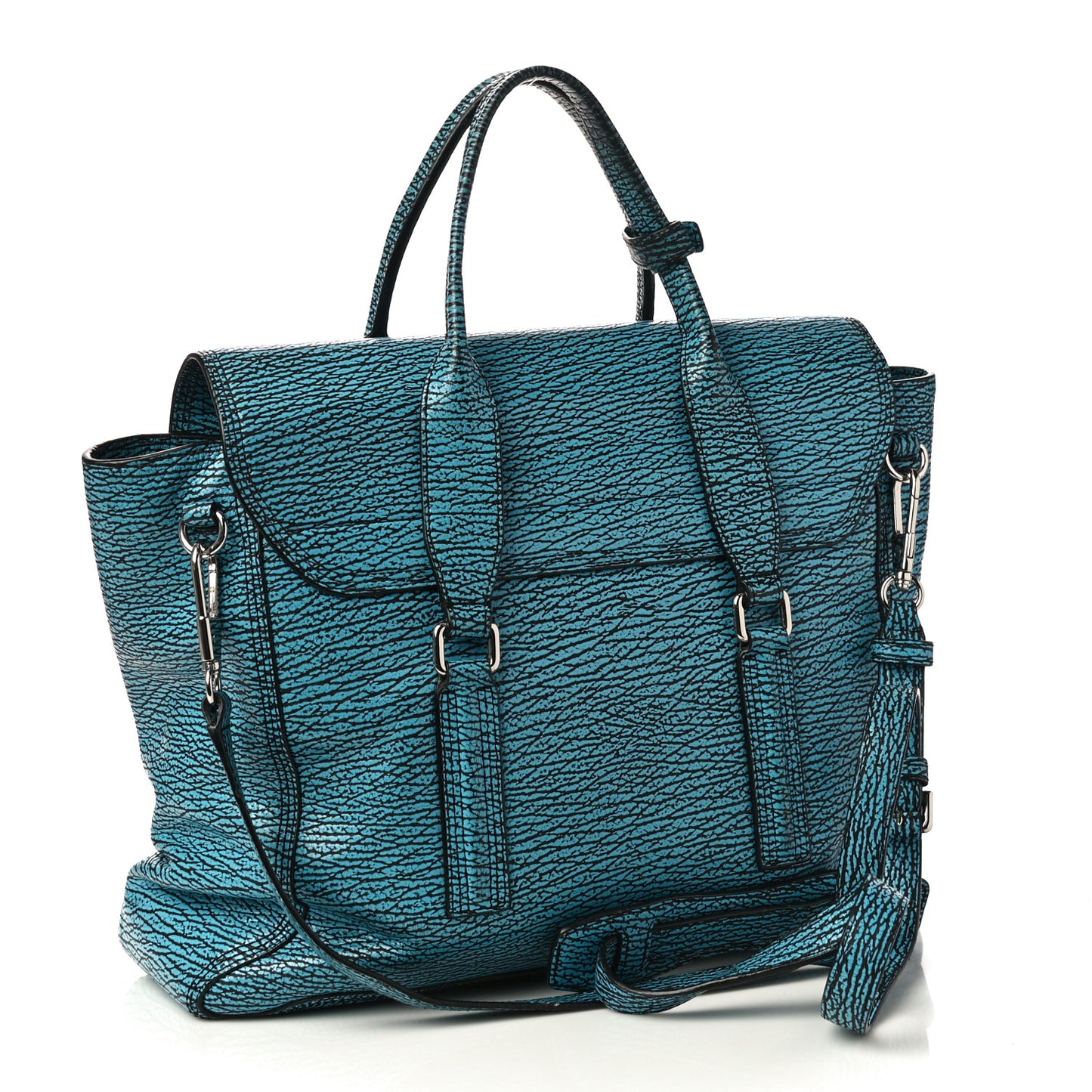 Shark Embossed Textured Calfskin Large Pashli Satchel Turquoise Black