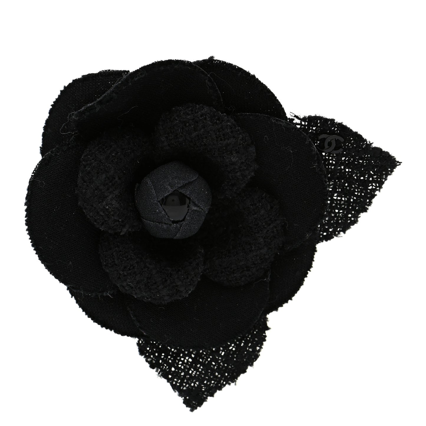 Tweed Camellia Pin Brooch Black
