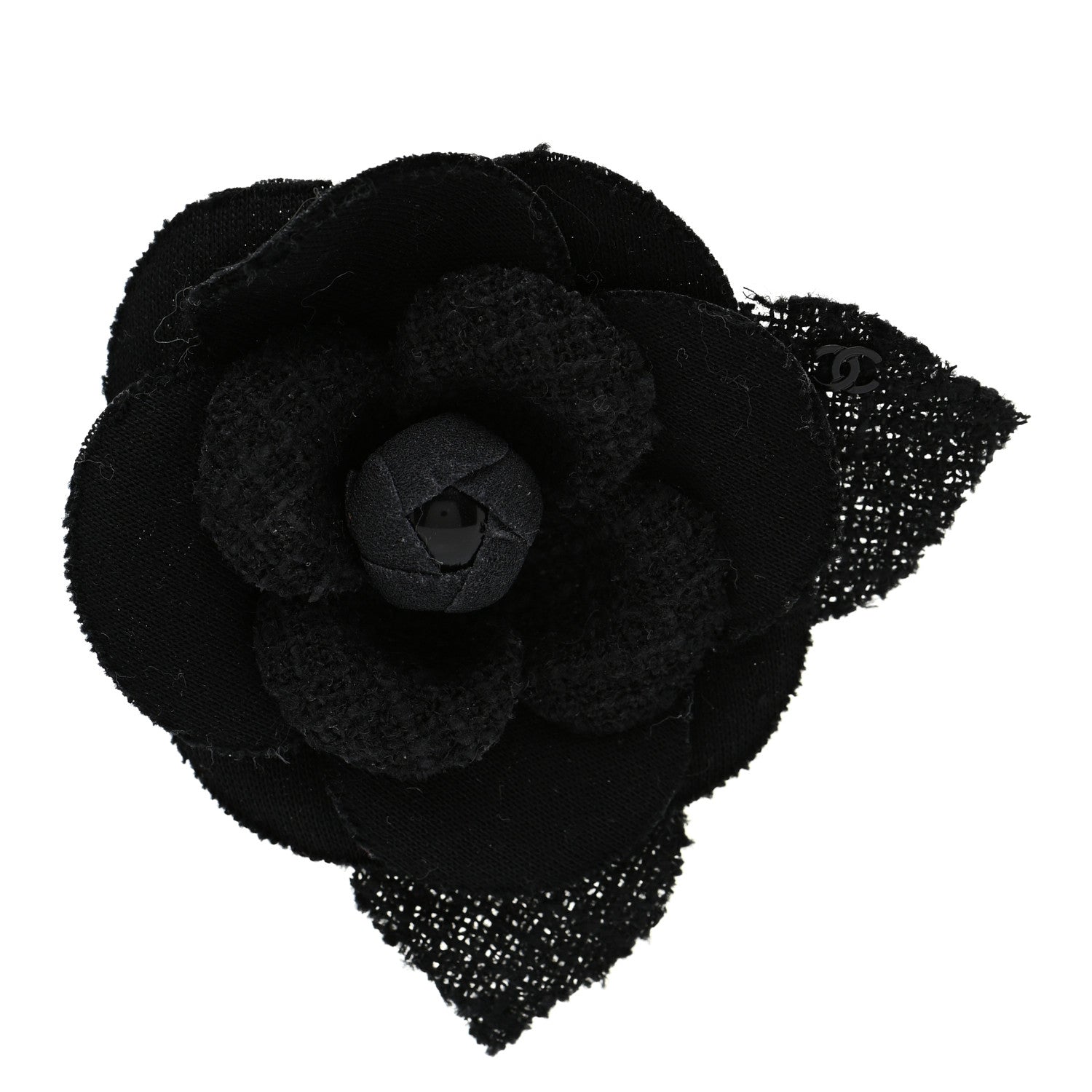 Chanel Tweed Camellia Pin Brooch Black 1 of 4