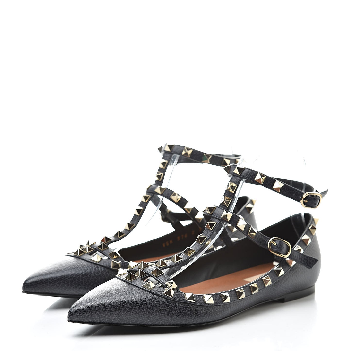 Pebbled Calfskin Rockstud Cage Ballerina Flats 38 Deep Denim