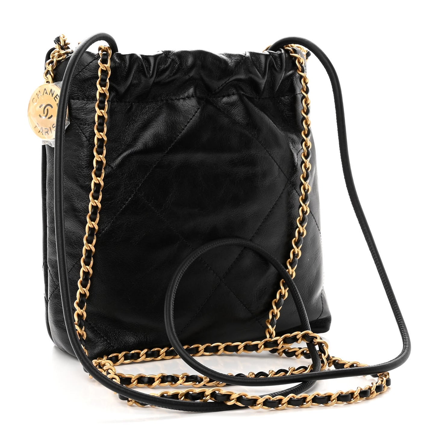 Shiny Crumpled Calfskin Quilted Pearl Mini Chanel 22 Black