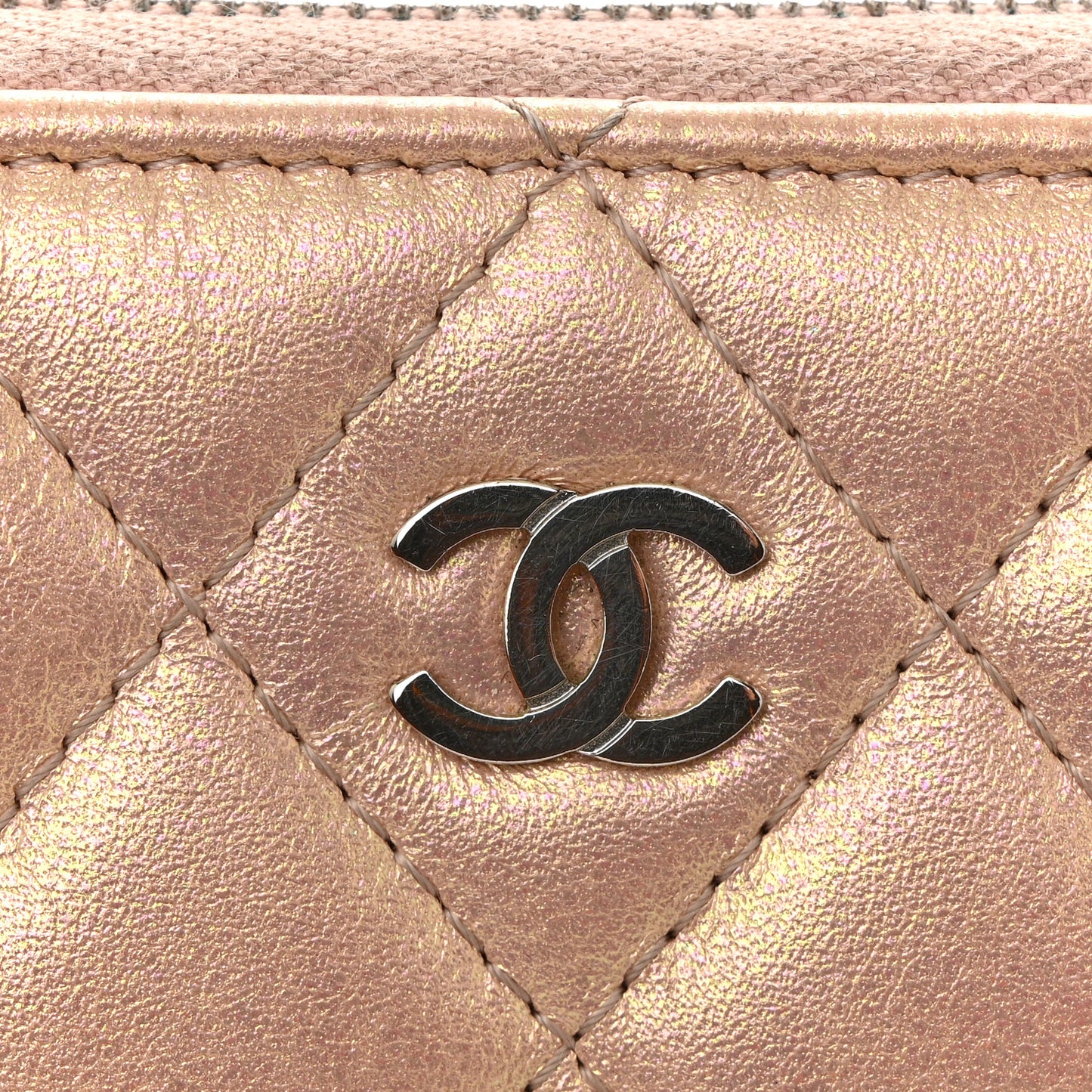 Iridescent Lambskin Quilted Large Gusset Zip Around Wallet Pink
