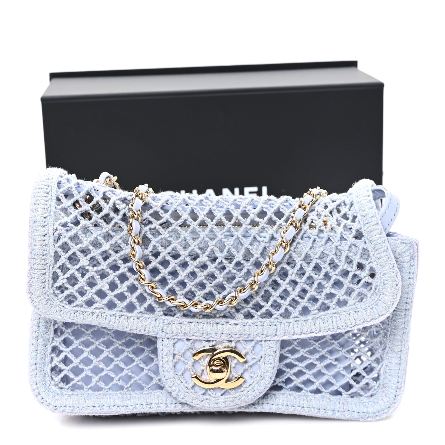 Mesh Macrame Small Flap Bag  Light Blue