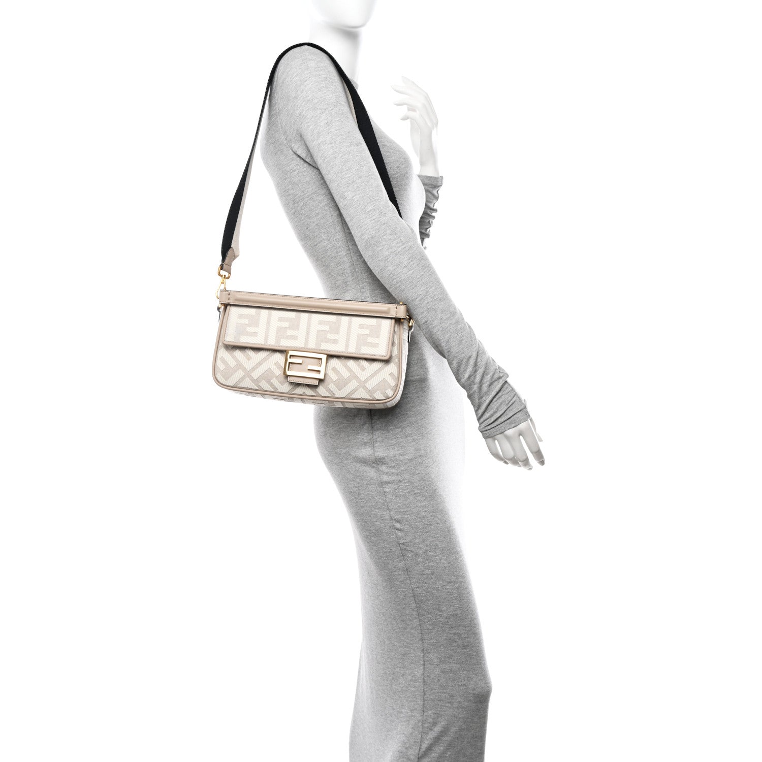 Fendi Canvas Vitello King FF Embroidered Baguette Grezzo White Nuvola 2 of 11
