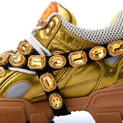 Gucci X SEGA Metallic Calfskin Mesh Removable Crystals Womens Flashtrek Sneakers 39 Oro Vecchio Mystic White Silver 12 of 19