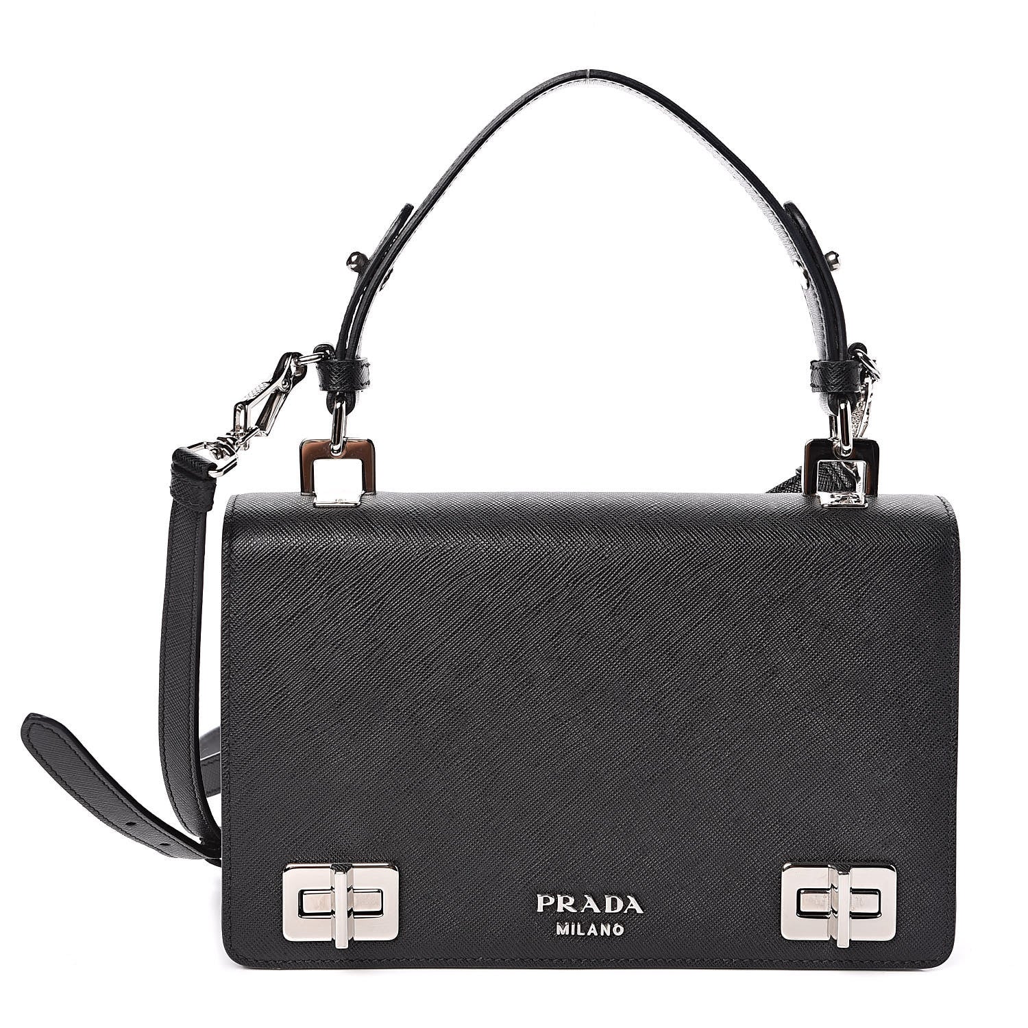 Prada Saffiano Pattina Top Handle Flap Bag Black 1 of 9
