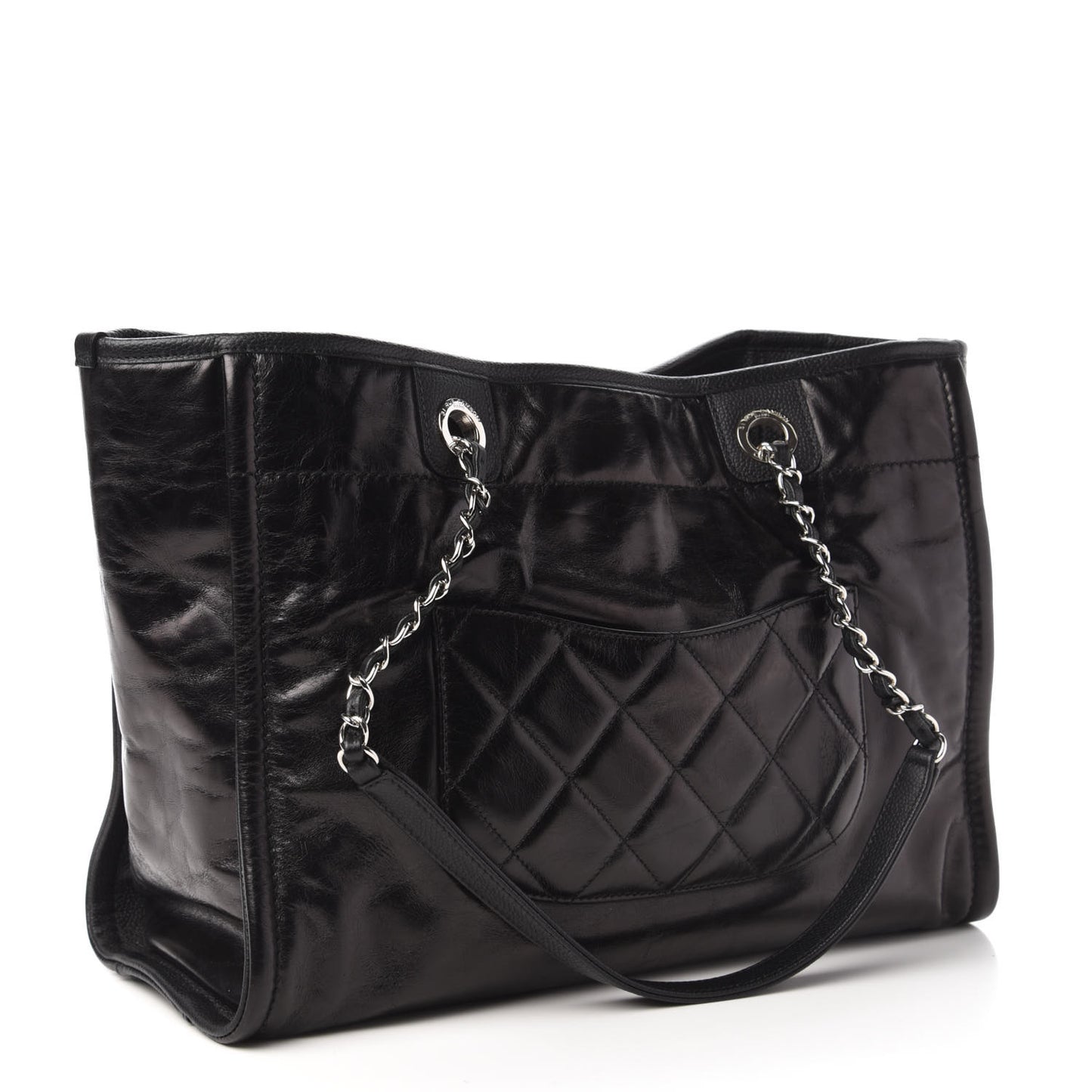 Glazed Calfskin Small Deauville Tote Black