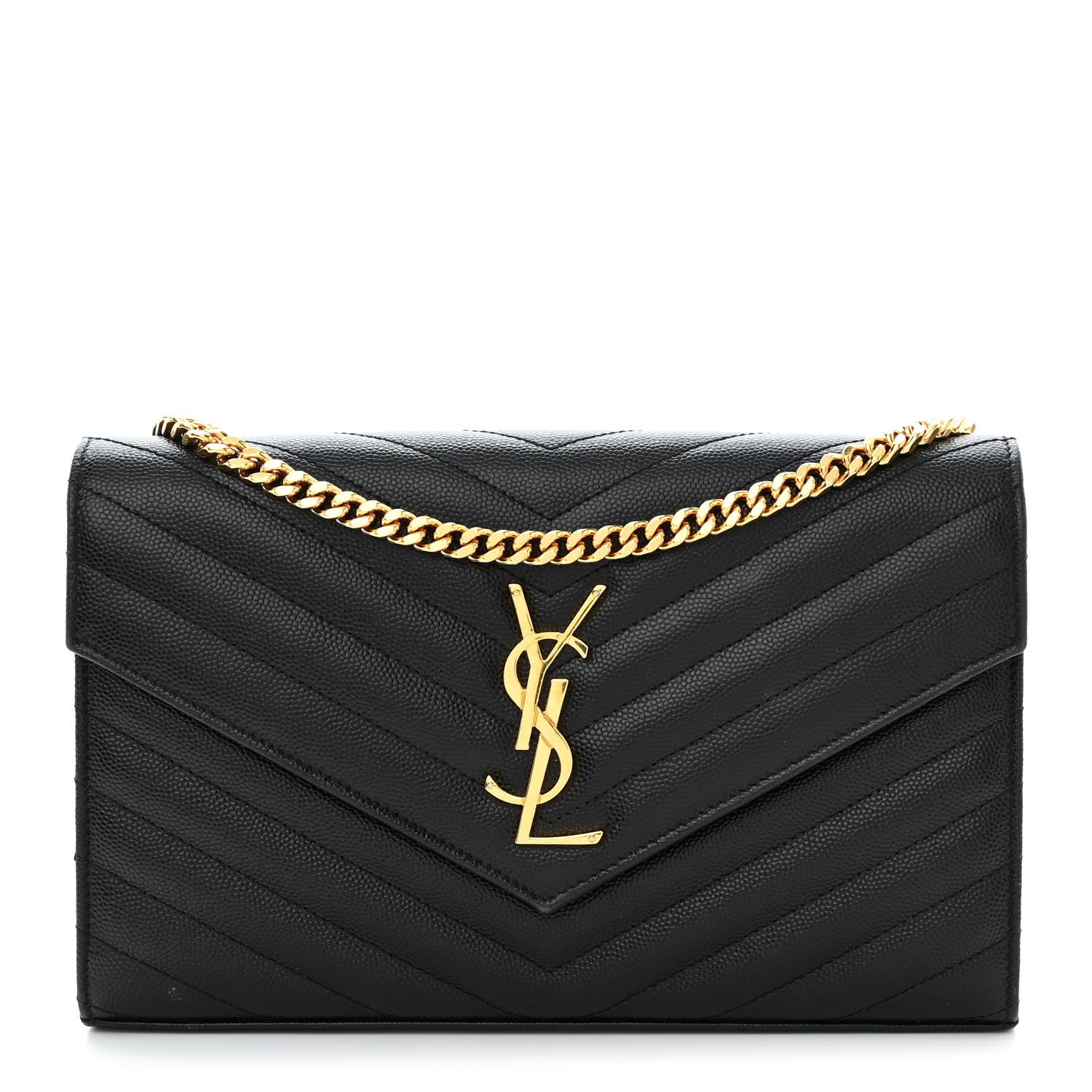 Saint Laurent Grain De Poudre Matelasse Chevron Monogram Chain Wallet Black 1 of 11