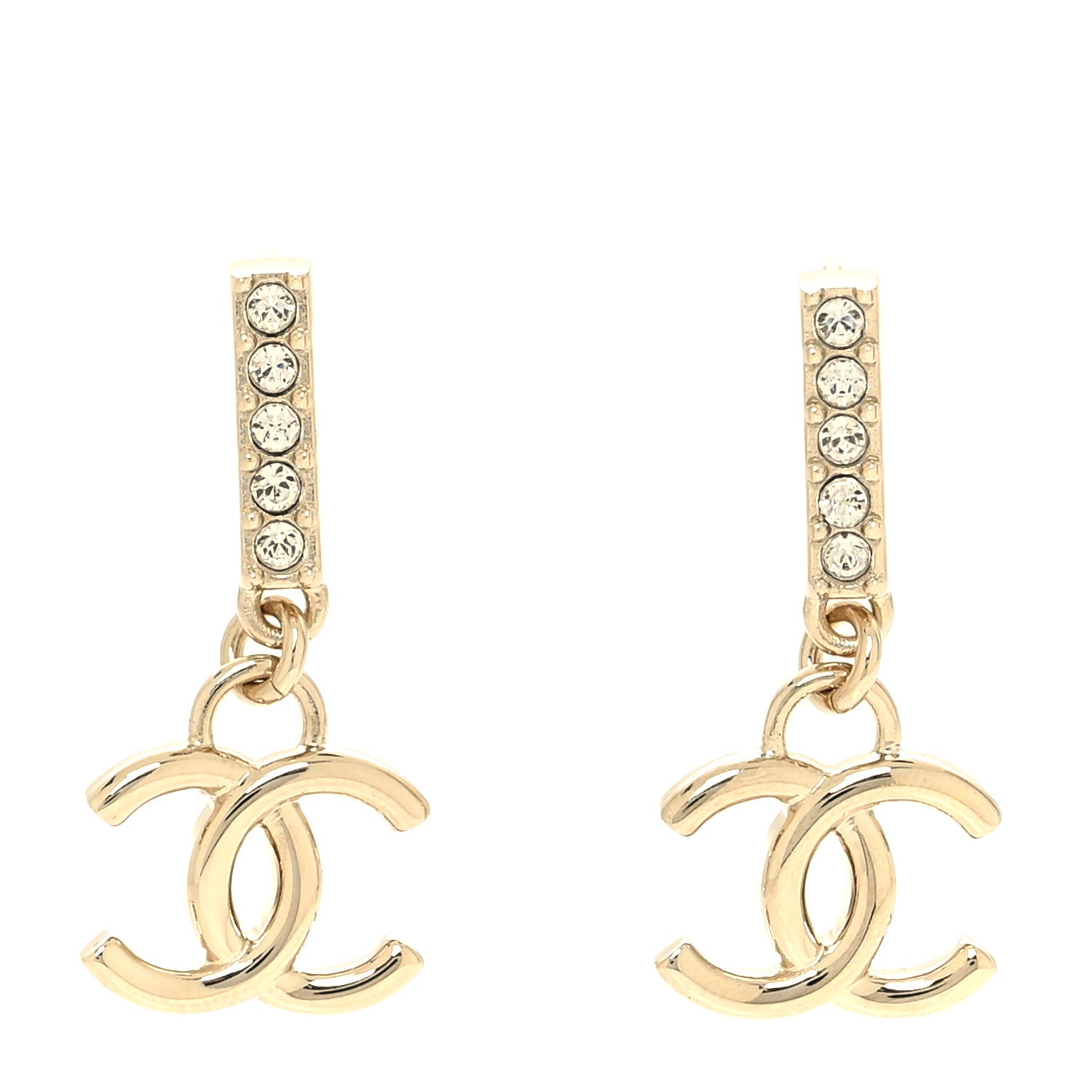 Chanel Metal Crystal Studded CC Drop Earrings Gold 1 of 5
