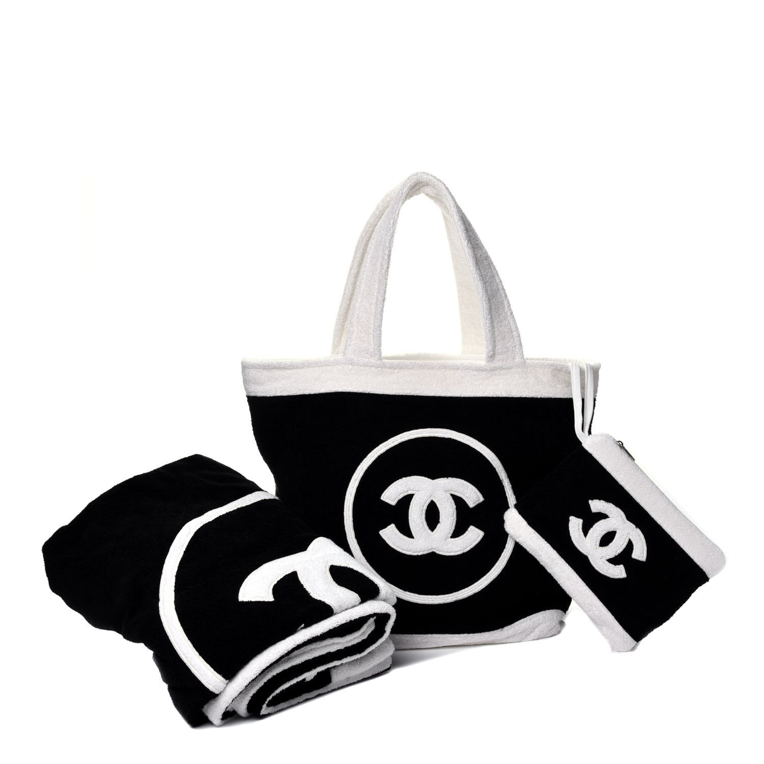 Chanel Terry Cotton CC Beach Tote Towel Set Black White 1 of 10