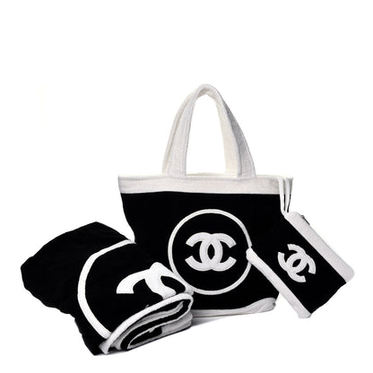 Chanel Terry Cotton CC Beach Tote Towel Set Black White 1 of 10