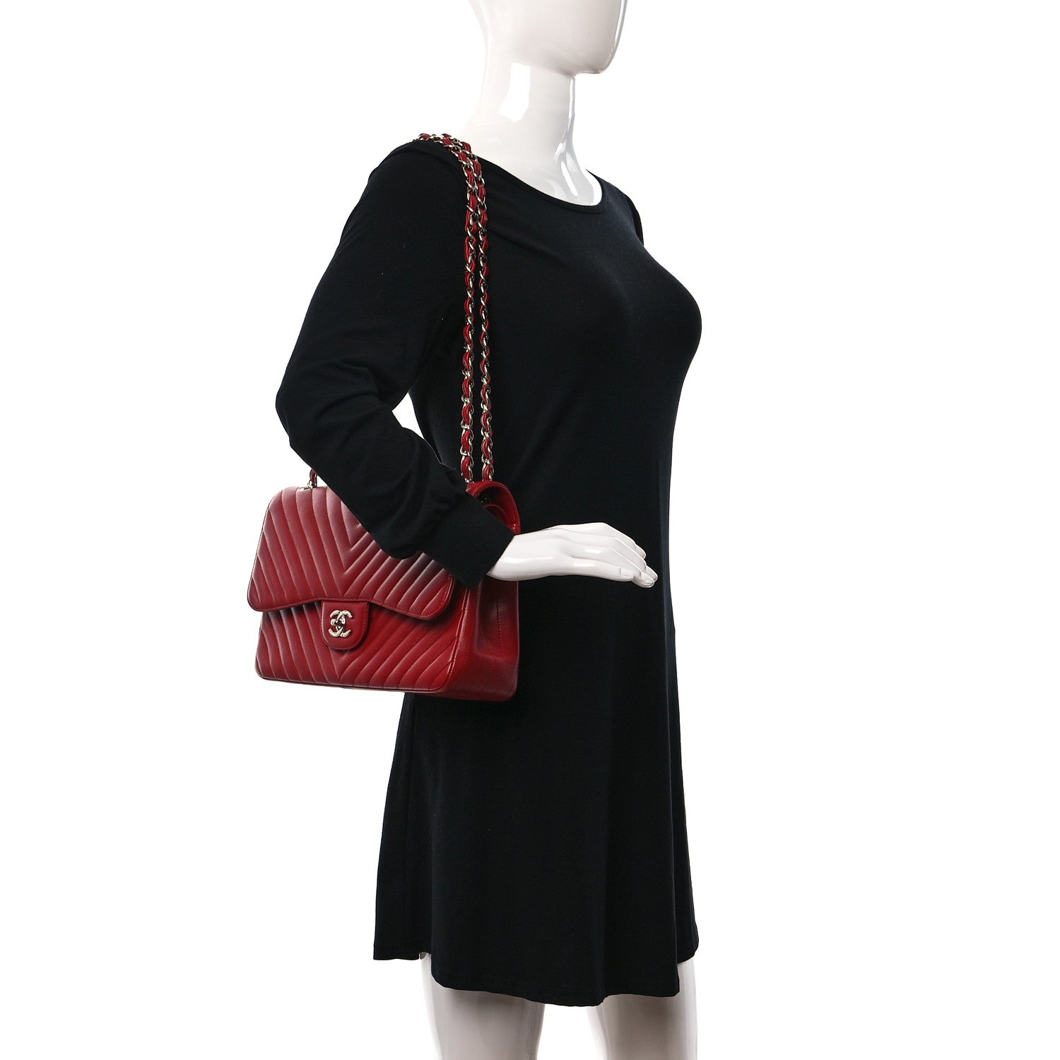 Chanel Caviar Chevron Quilted Jumbo Double Flap Red 2 of 12