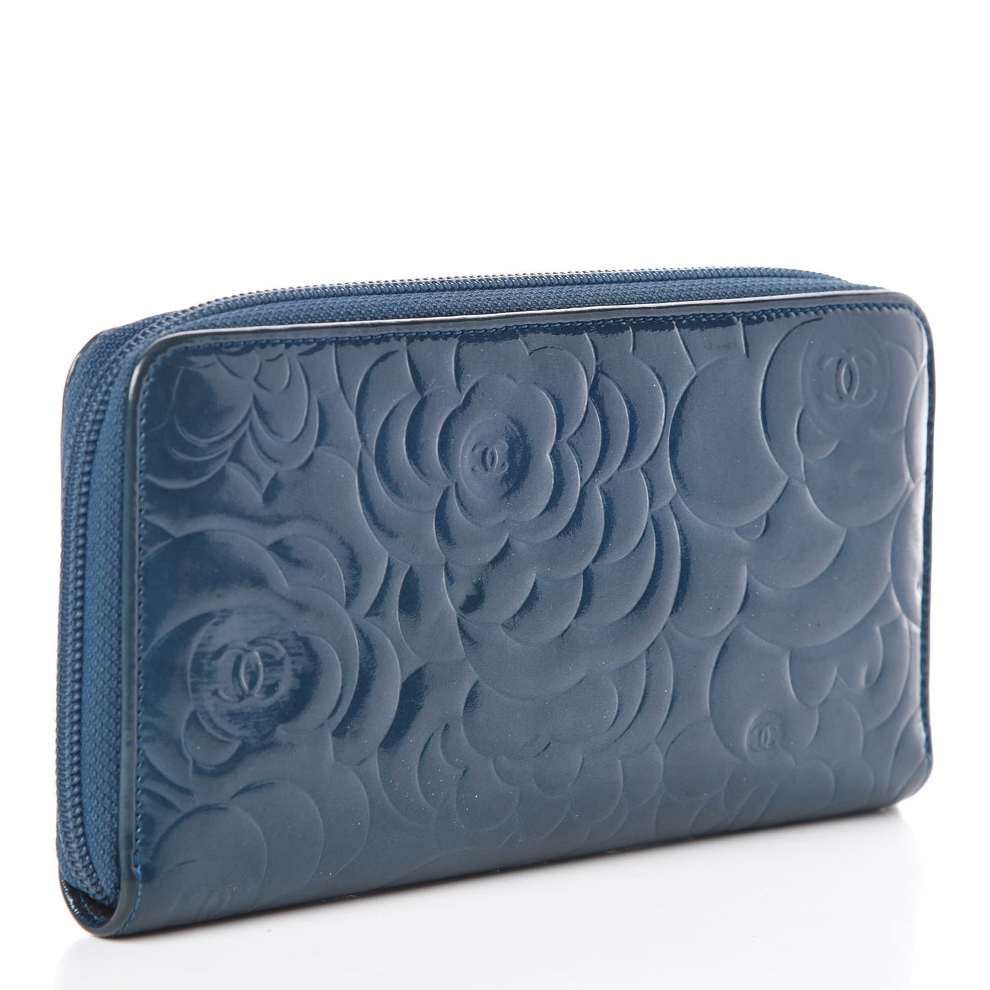 Patent Camellia Embossed Large Gusset Zip Around Wallet Blue