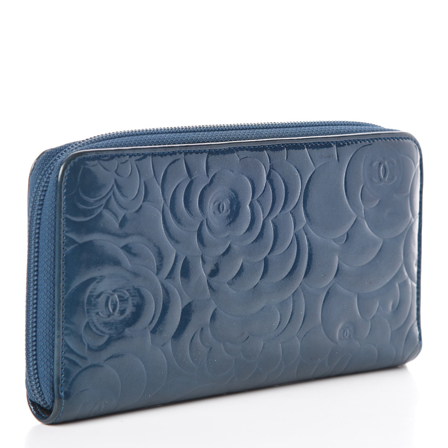 Chanel Patent Camellia Embossed Large Gusset Zip Around Wallet Blue 3 of 10
