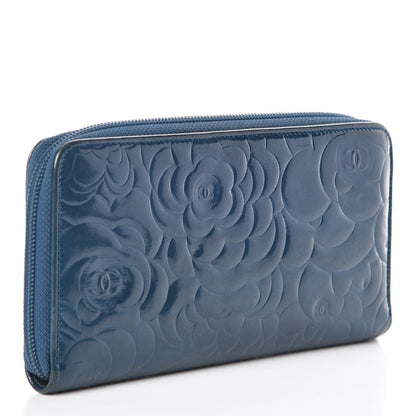 Chanel Patent Camellia Embossed Large Gusset Zip Around Wallet Blue 3 of 10