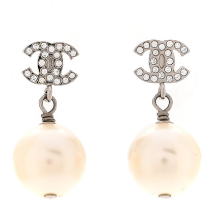 Chanel Crystal Pearl CC Drop Earrings Silver Pearly White 1 of 5