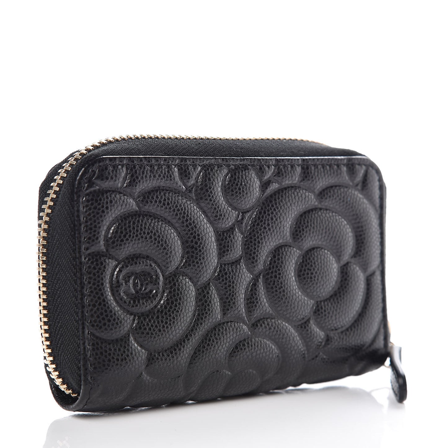 Caviar Camellia Embossed Zip Coin Purse Black