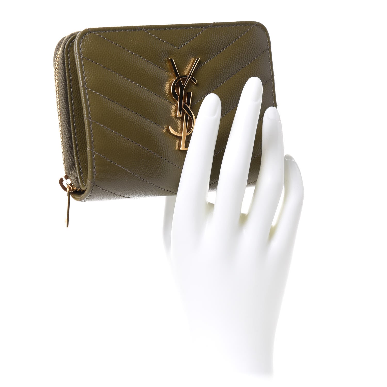 Saint Laurent Grain De Poudre Matelasse Chevron Monogram Compact Zip Around Wallet Vert Kaki 2 of 9