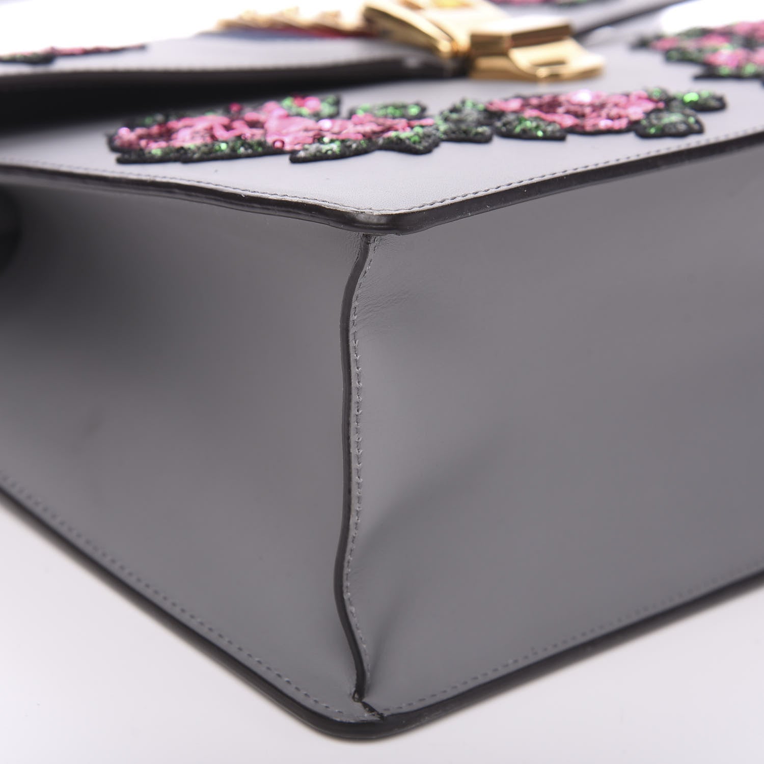 Gucci Calfskin Emboridered Medium Sylvie Top Handle Bag Deep Grey Multicolor 9 of 13