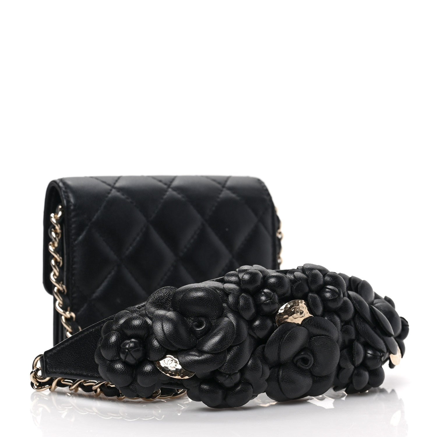 Chanel Lambskin Quilted Camellia Card Holder On Chain Black 3 of 9