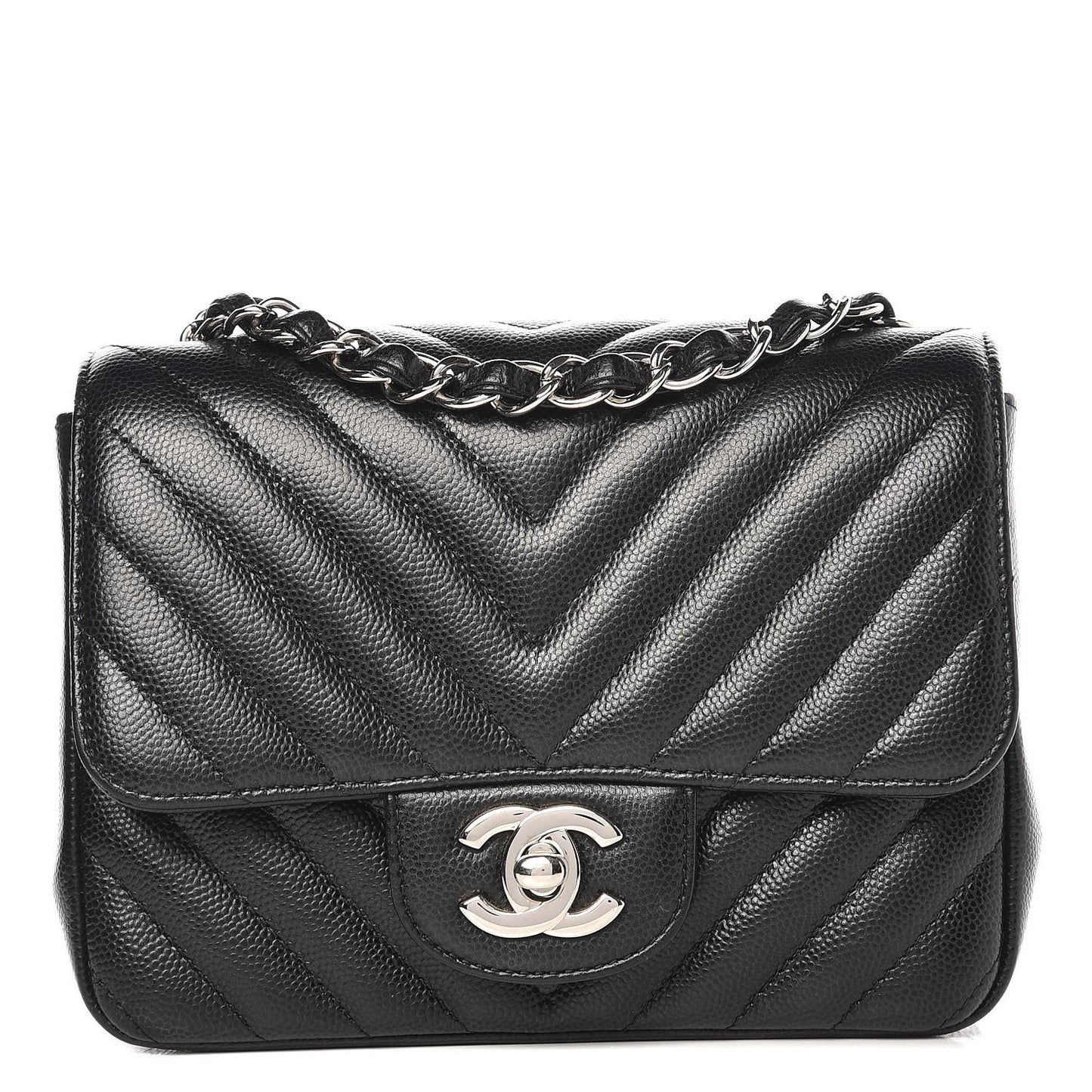 Caviar Chevron Quilted Mini Square Flap Black