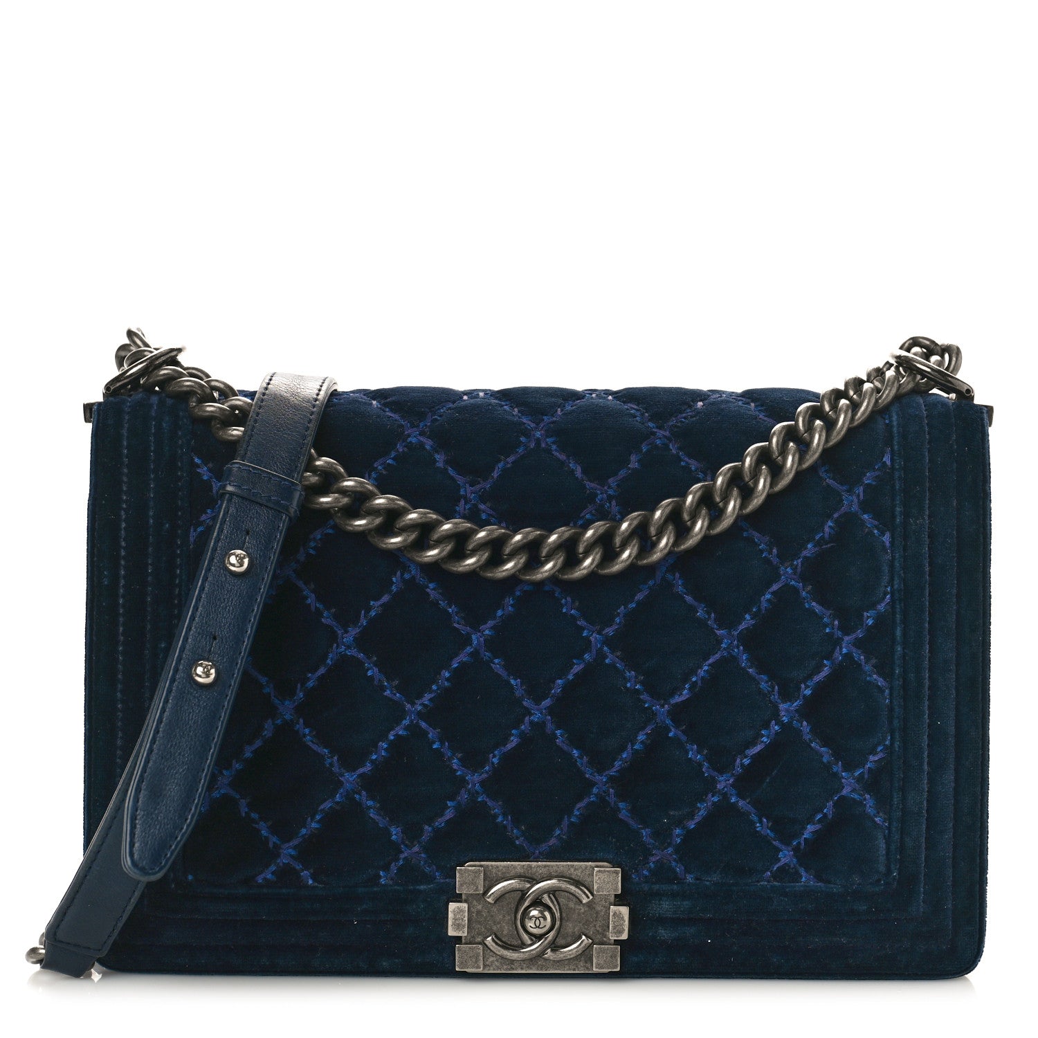 Chanel Velvet Tweed Quilted New Medium Boy Flap Dark Navy Blue 1 of 17