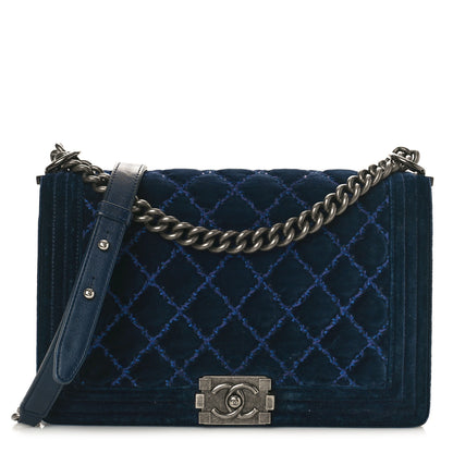 Chanel Velvet Tweed Quilted New Medium Boy Flap Dark Navy Blue 1 of 17