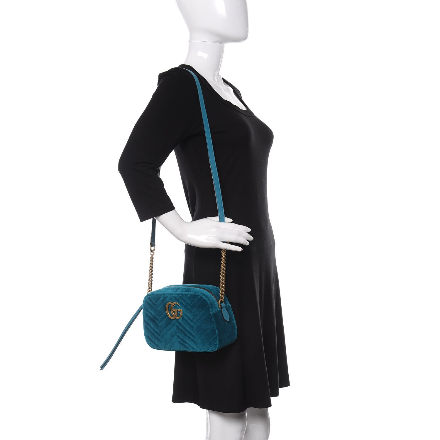 Gucci Velvet Matelasse Small GG Marmont Chain Shoulder Bag Pavone Cyan 2 of 11