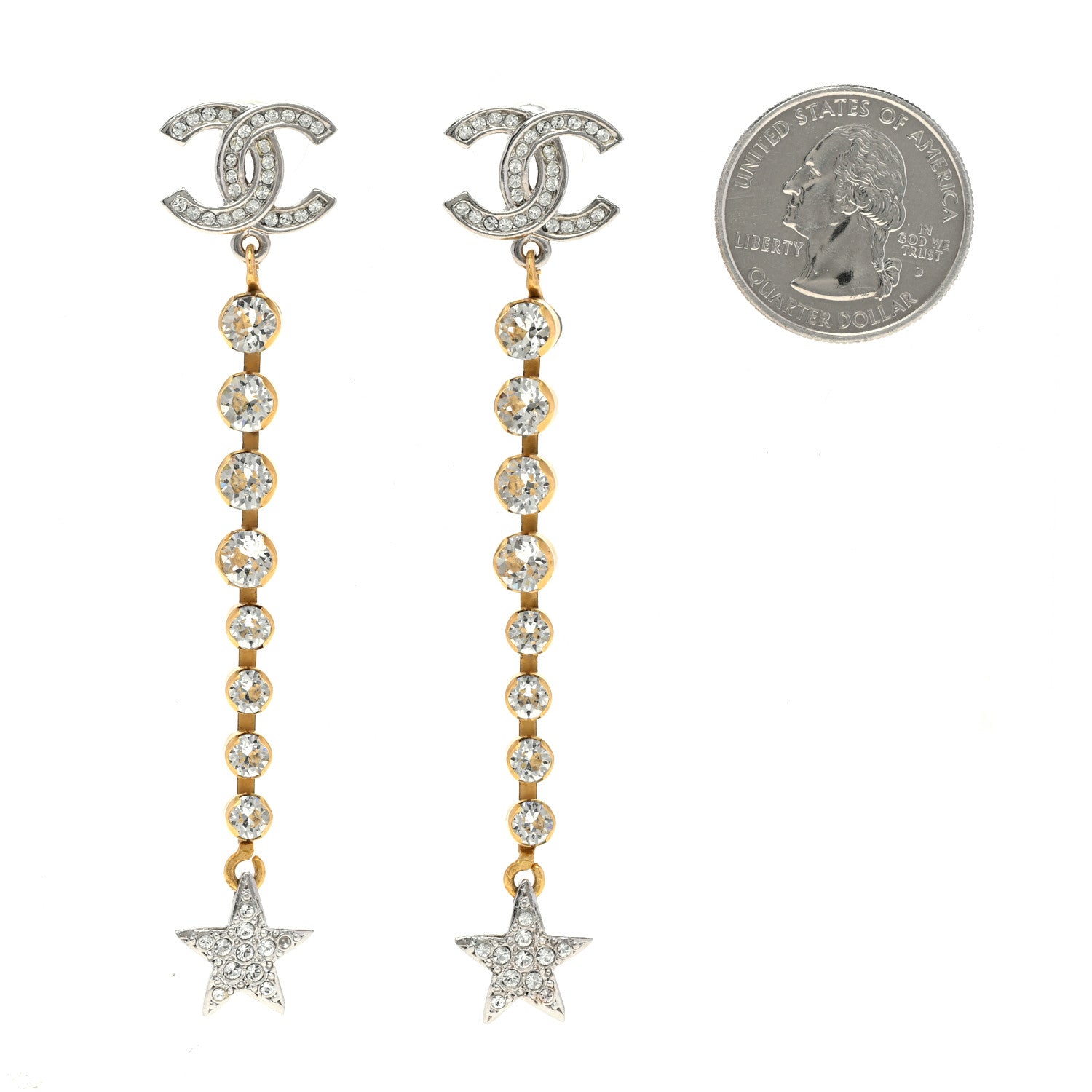 Chanel Crystal Drop Long CC Earrings Silver Gold 2 of 5