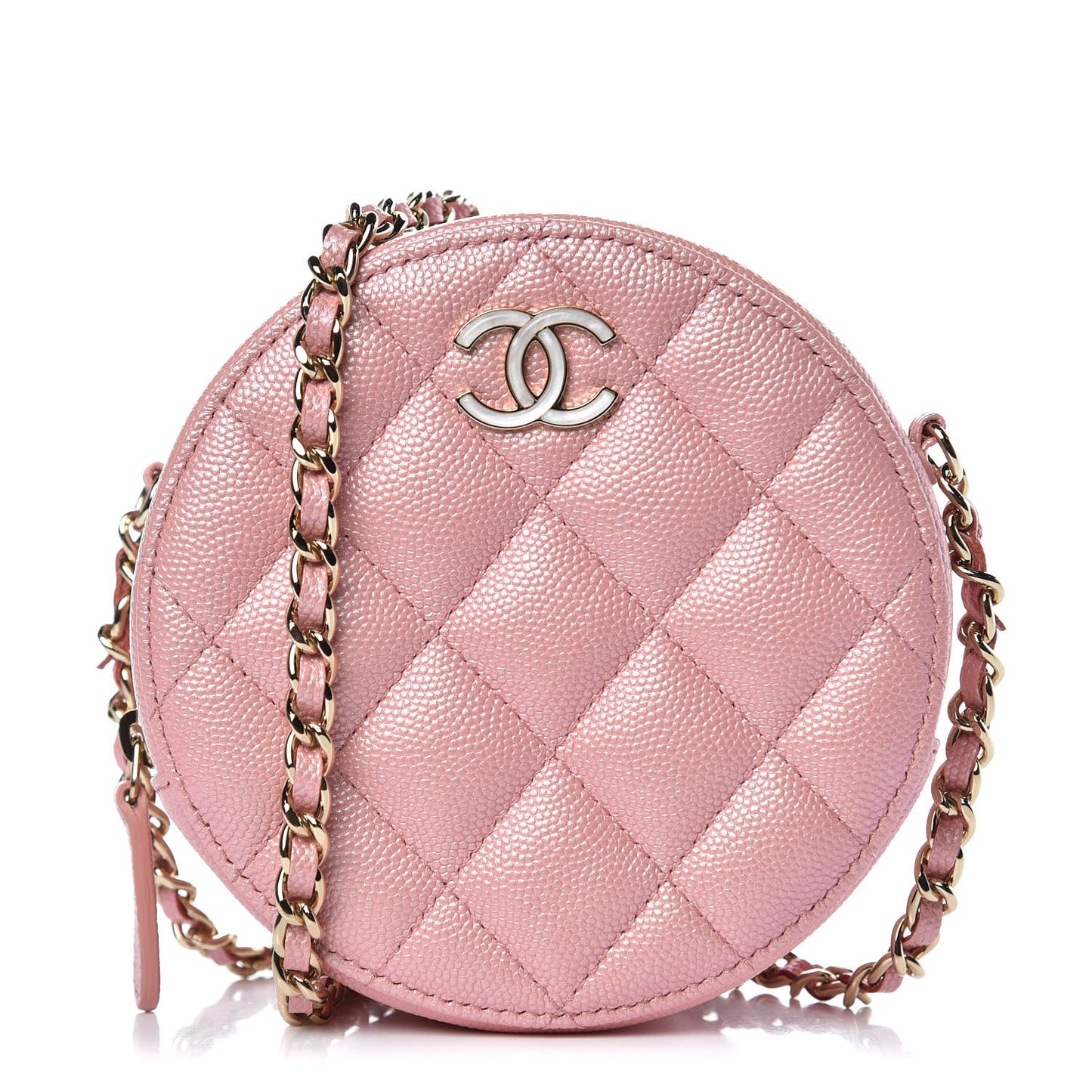 Iridescent Caviar Quilted Round Clutch With Chain Pink