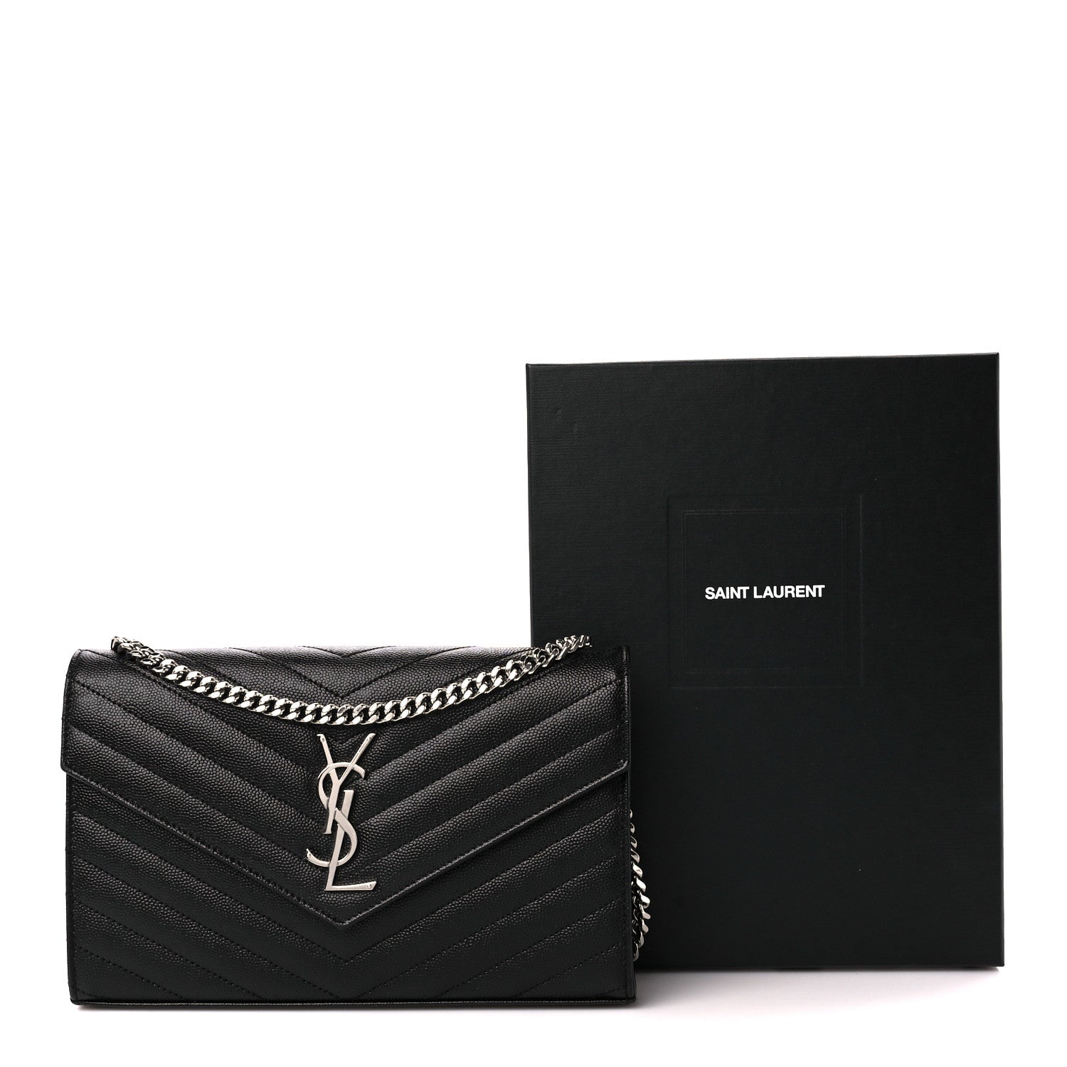 Saint Laurent Grain De Poudre Matelasse Chevron Monogram Chain Wallet Black 10 of 10