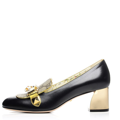 Gucci Malaga Kid Nappa GG Supreme Monogram Tiger Head Mid Heel Loafer Pumps 37 Black Oro Vecchio Beige 1 of 10